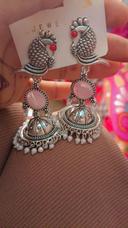 Oxidized Silver Parrot Design Jhumka Earrings with Lavender Stone & Pearl Drops photo review