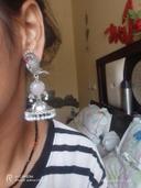 Oxidized Silver Parrot Design Jhumka Earrings with Lavender Stone & Pearl Drops photo review