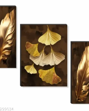 3-Piece Golden Leaf & Feather Wall Painting