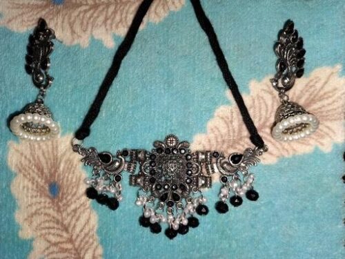 Oxidized Black Pearl Choker Necklace Set with Earrings photo review