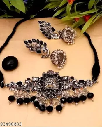 Oxidized Black Pearl Choker Necklace Set with Earrings