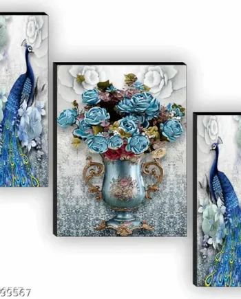 Blue Peacock & Floral Wall Painting Set – 3-Piece Frame Art