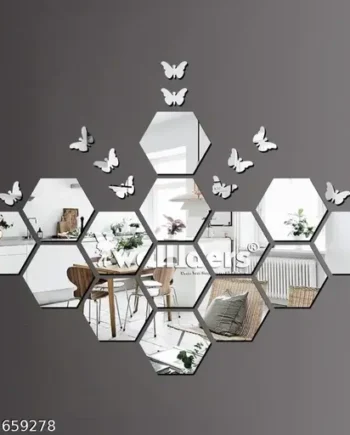 Hexagon Mirror Wall Stickers with 3D Butterflies – Set