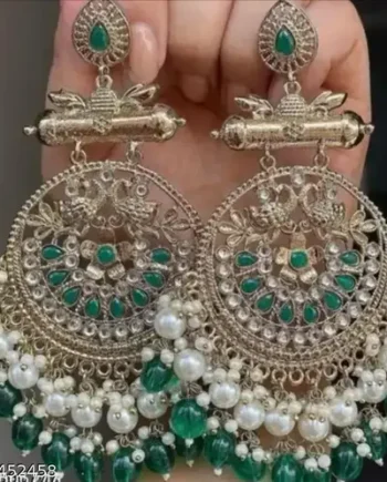 Majestic Green & Pearl Chandbali Earrings | Ethnic Jhumkas