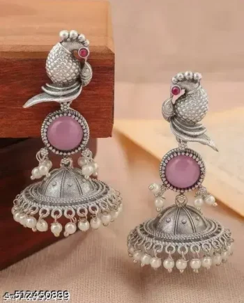 Oxidized Silver Parrot Design Jhumka Earrings with Lavender Stone & Pearl Drops