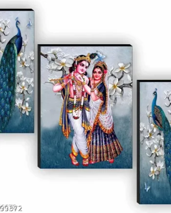 Radha Krishna & Peacock Wall Painting – 3-Piece Frame Set