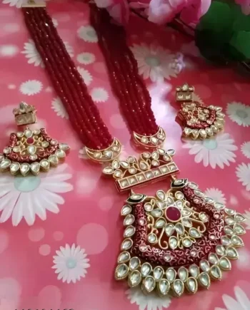 Regal Red Beaded Kundan Necklace Set with Earrings