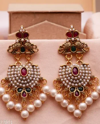 Royal Pearl Cluster Temple Earrings with Ruby-Green Accents