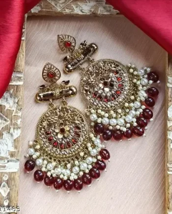 Royal Red & Pearl Chandbali Earrings – Traditional Gold