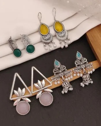 Trendy 4-Piece Oxidized Silver Earring Combo Set