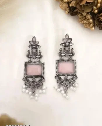 Oxidized Silver Peacock Earrings with Pink Stone & Pearls