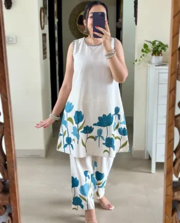 White Floral Sleeveless Kurti with Pant – Cotton Co-ord Set