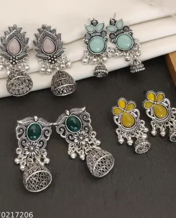 Oxidized Silver Jhumka Earrings Combo Set for Women