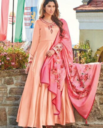 Peach Pink Embroidered Gown Suit with Floral Dupatta