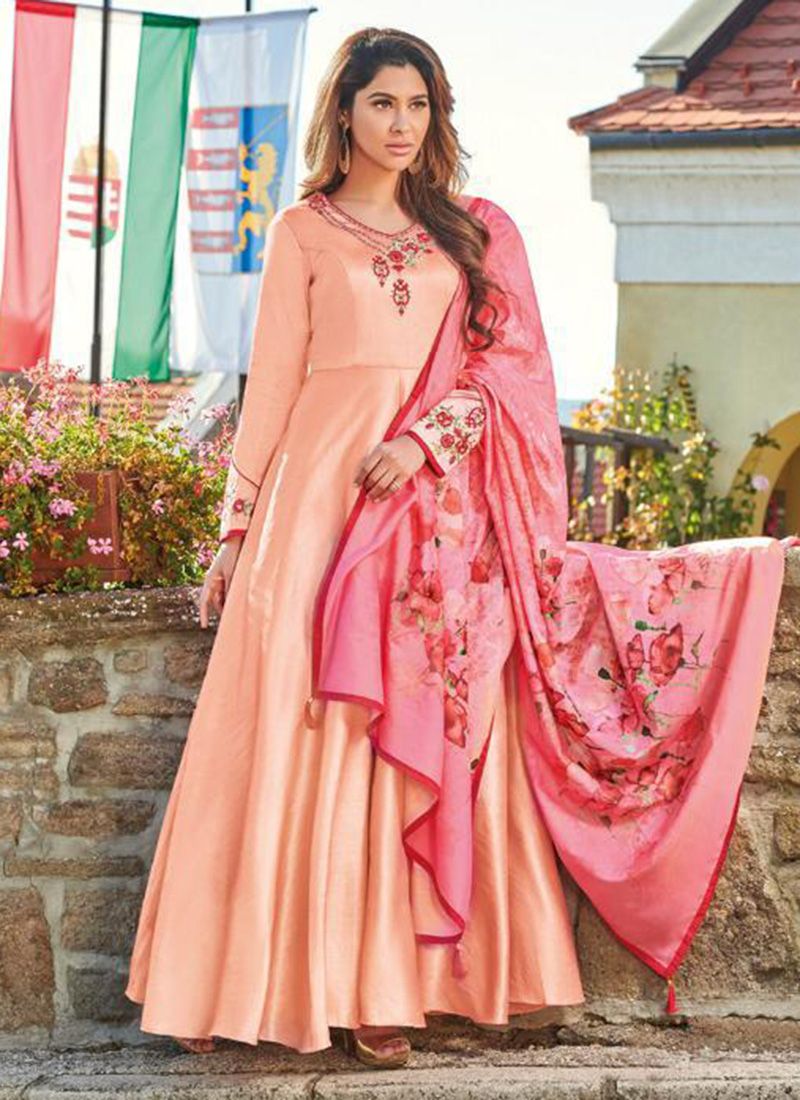 Peach Pink Embroidered Gown Suit with Floral Dupatta