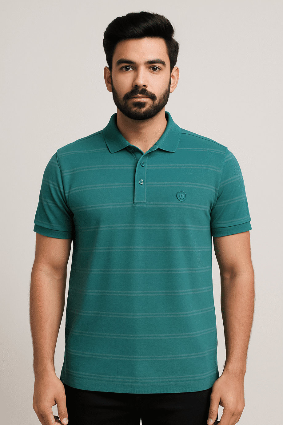 Men’s Pure Teal Green Striped Polo T-Shirt