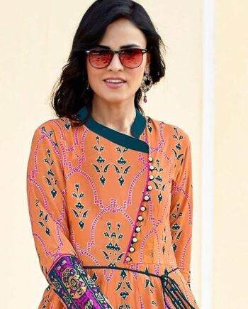 Women's Cotton Printed Peach Crossover Neck Long Kurti