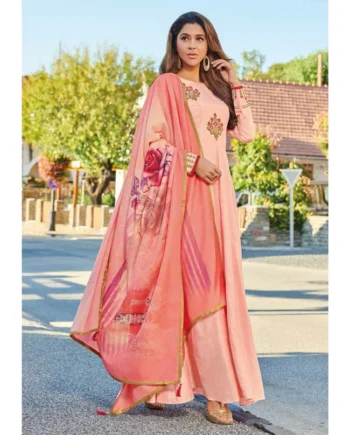 Peach Pink Anarkali Suit with Floral Printed Dupatta