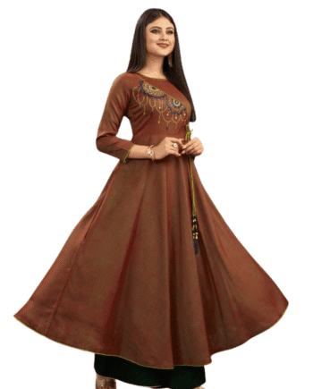 Brown Flared Anarkali Kurti with Embroidery and Side Tassel Belt