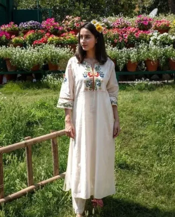 Cream Cotton Embroidered Straight Kurta Set for Women