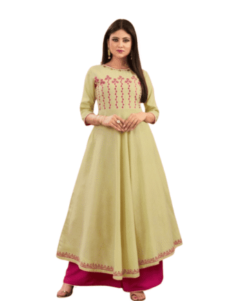 Olive Green Flared Embroidered Kurti – Diya Trends