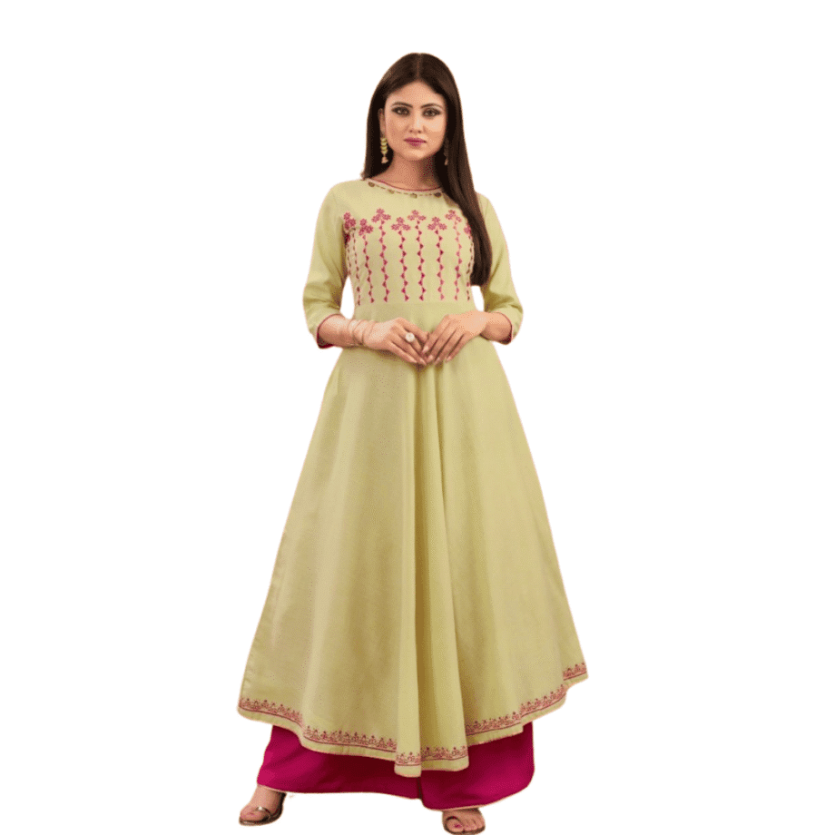 Olive Green Flared Embroidered Kurti – Diya Trends