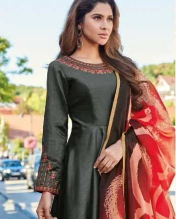 Black Embroidered Gown Suit with Red Printed Dupatta