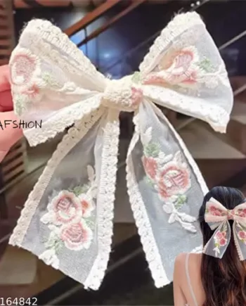 Lace Floral Bow Hair Clip with Pearls for Women