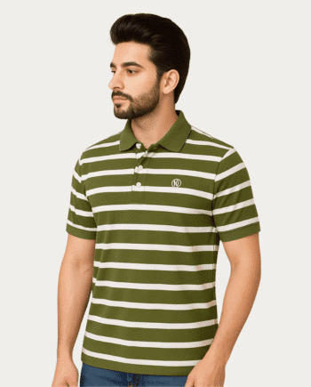 Men's Olive Green & White Striped Cotton Polo T-Shirt