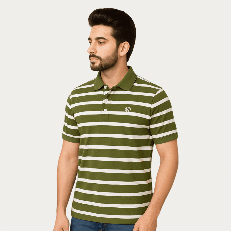 Men's Olive Green & White Striped Cotton Polo T-Shirt