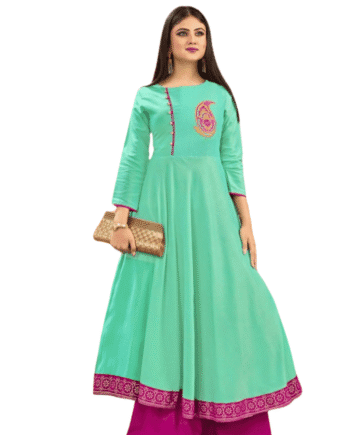 Mint Green & Magenta Embroidered Flared Anarkali Kurti