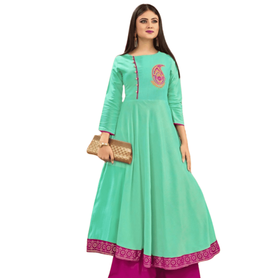 Mint Green & Magenta Embroidered Flared Anarkali Kurti