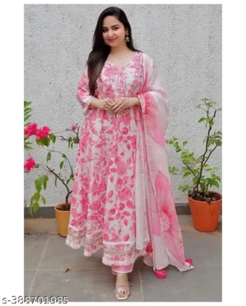 Pink Floral Printed Suit Set with Dupatta