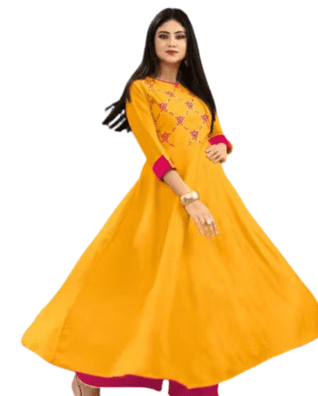 Radiant Yellow Anarkali Kurti with Pink Embroidery and Border