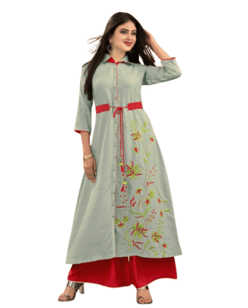 Sea Green Floral Embroidered Front-Open Kurti