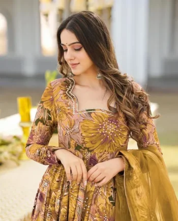 Floral Printed Mustard & Purple Anarkali Suit with Dupatta