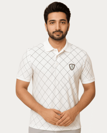 Men’s White Grid Pattern Polo T-Shirt – Casual & Smart