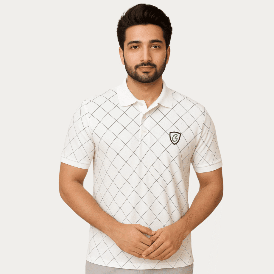 Men’s White Grid Pattern Polo T-Shirt – Casual & Smart