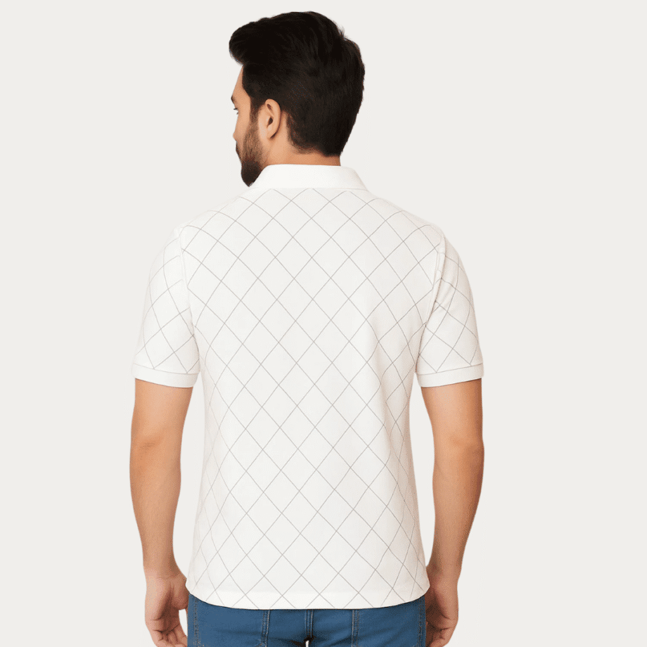 Men’s White Grid Pattern Polo T-Shirt – Casual & Smart