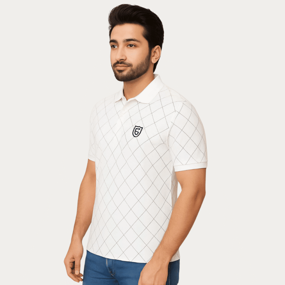 Men’s White Grid Pattern Polo T-Shirt – Casual & Smart