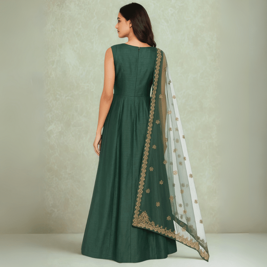 Dark Green Embroidered Anarkali Gown with Dupatta