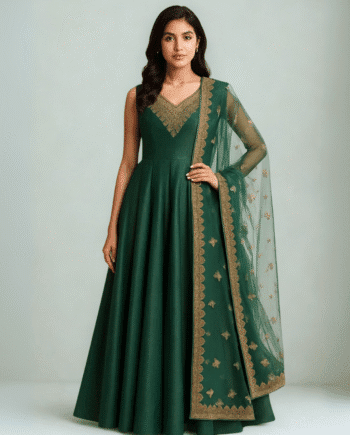 Dark Green Embroidered Anarkali Gown with Dupatta