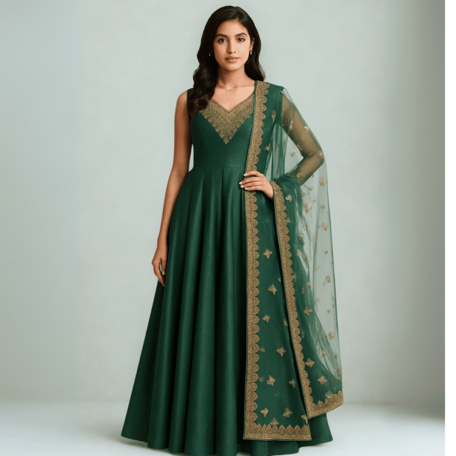 Dark Green Embroidered Anarkali Gown with Dupatta