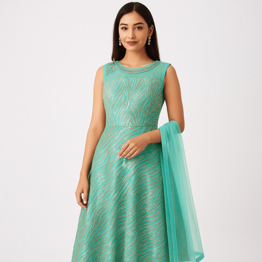 Elegant Aqua Green Sleeveless Anarkali Gown with Dupatta