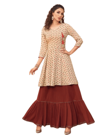 Elegant Beige Floral Kurti with Rust Sharara