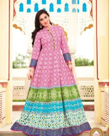 Elegant Pink, Green & Blue Long Anarkali Kurti – Printed Cotton Ethnic Wear