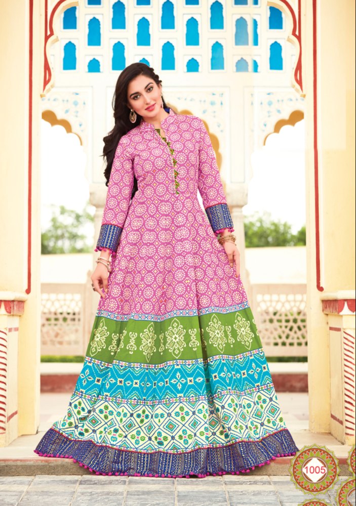 Elegant Pink, Green & Blue Long Anarkali Kurti – Printed Cotton Ethnic Wear