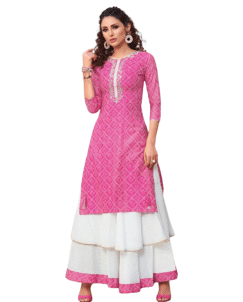 Elegant Pink Printed Kurta with White Layered Sharara