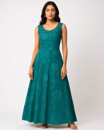 Elegant Teal Green Sleeveless Anarkali Gown with Floral Pattern & Cancan