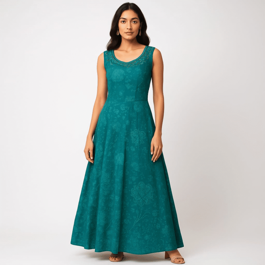 Elegant Teal Green Sleeveless Anarkali Gown with Floral Pattern & Cancan